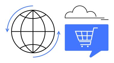 Küresel hareketi gösteren okları olan bir küre bir bulut ve alışveriş arabası konuşma baloncuğuna bağlı. Çevrimiçi alışveriş, küresel ticaret, e-ticaret, dijital pazarlama, bulut hizmetleri, küresel