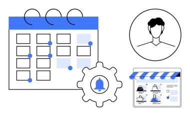 İşaretli tarihli takvim, kullanıcı profili, uyarı zilli çark ve çevrimiçi depo sayfası. Zaman yönetimi, kullanıcı arayüzü tasarımı, e-ticaret, randevu zamanlaması, bildirimler için ideal