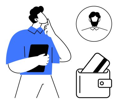 Genç adam elinde tablet, cüzdanında da kredi kartıyla düşünüyor. Finans, bütçe, kişisel finans, karar verme, teknoloji entegrasyonu, finansal planlama için idealdir. Satır metaforu