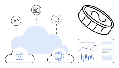 Bulut depolama kullanıcıları, medya, arama işlevleri ve güvenliği finansal büyüme görsel ve analitik gösterge paneline bağlar. Finans, iş, teknoloji, veri analizi, güvenlik, bulut için ideal