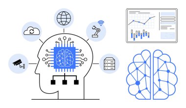 Sinir mikroçipli insan kafası, teknoloji ikonları bulut, dünya, robot kolu, sunucu, kamera, nöral ağ beyni ve veri analizi. Yapay zeka, teknoloji, yenilik, analitik, bilgisayar, otomasyon için ideal