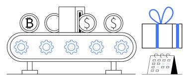 Bir taşıma bandında Bitcoin ve dolar sikkeleri, içinde vitesler, bir hediye kutusu ve bir takvim var. Teknoloji, fintech, yatırım, kripto para, otomasyon işi ve e-ticaret temaları için ideal. Çizgi