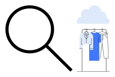 Büyük büyüteç bir bulutun altında asılı duran kıyafetleri gösteriyor. E-ticaret, çevrimiçi alışveriş, moda araması, gardırop organizasyonu, perakende pazarlama, dijital tarama, kullanıcı