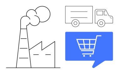 Fabrika duman yayıyor, dağıtım kamyonu ve e-ticaret alışveriş arabası konuşma balonunda. Sanayi, lojistik, e-ticaret, tedarik zinciri, üretim, ulaşım, iş büyümesi için idealdir. Çizgi