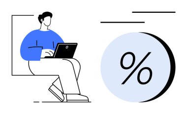 Büyük bir yüzdelik sembolün yanına dizüstü bilgisayar yerleştirilmiş. Mali analiz, eğitim, iş toplantıları, veri değerlendirmesi, pazarlama stratejileri, istatistiksel raporlar, uzaktan çalışma için ideal