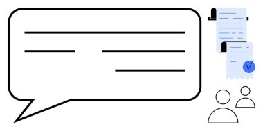 Bir konuşma balonu, işaretli bir belge ve iki kullanıcı simgesi iletişim ve görev yönetimini iletir. Çevrimiçi tartışmalar, proje planlaması, iş akışı optimizasyonu, belgeler, kullanıcı için ideal