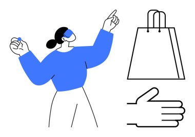 Küçük bir nesne tutan bir kadın, tek eliyle hareket ediyor. Yakınlarda bir alışveriş çantası ve yardım eli var. Perakende, alışveriş, müşteri hizmetleri, moda e-ticaret deneyimi için ideal. Çizgi