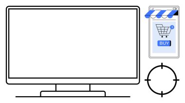 Bilgisayar monitörü, mavi çizgili akıllı telefon, alışveriş arabası sembolü, satın alma tuşu, siyah hedef sembolü e-ticaret için idealdir, çevrimiçi alışveriş, dijital pazarlama, mobil ticaret, perakende satış