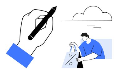 Elinde siyah bir kalem, mavi gömlekli bir adam üzerinde yüzde işareti olan alışveriş torbaları taşıyor ve gökyüzünde de kısmi bir bulut var. Perakende pazarlama, ecommerce, yazma, alışveriş promosyonları için ideal