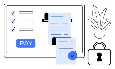 Ödeme tuşu, kontrol listesi ve makbuzu olan bilgisayar ekranı. Ekranın yanındaki asma kilit ve saksı bitkisi. E-ticaret, çevrimiçi işlemler, güvenlik, fatura sistemleri, dijital faturalar için ideal