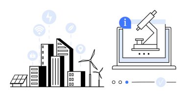 Yenilenebilir enerji kaynakları ve akıllı teknoloji ikonlarıyla modern şehir manzarası, mikroskop gösteren bir dizüstü bilgisayara bağlı. Akıllı şehirler için ideal, yenilenebilir enerji, teknoloji, yenilik, araştırma