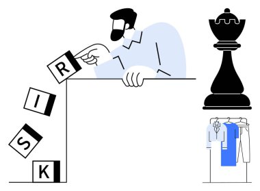 R harfli bir bloğu düşürüp RISK kelimesini oluşturan adam. Satranç kralı parçası ve arka planda asılı giysiler. Risk yönetimi, strateji, karar verme, liderlik, iş planlaması için ideal