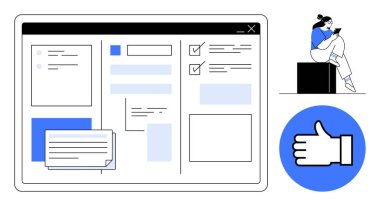 Web arayüzü görüntüleme formları, kontrol listeleri, mesaj kutuları ve açılır pencereler. Başparmağında bir simgeyle bir blokta oturan bir tablet üzerinde gezinen kişi. Kullanıcı deneyimi, web tasarımı, üretkenlik için ideal