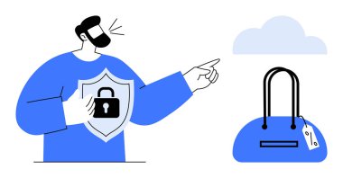 Mavi bir el çantası ve bulut simgesini işaret ederken bir kalkanı kilit sembolüyle tutan kişi. Siber güvenlik, çevrimiçi alışveriş, perakende koruma, güvenli işlemler, bulut depolama için ideal