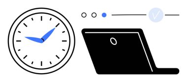 Mavi ve siyah saat minimalist siyah bir dizüstü bilgisayarın yanında zaman gösteriyor. Mavi noktalı noktalı bir zaman çizelgesi. Üretkenlik, zaman yönetimi, zamanlama, dijital çalışma, süreler, verimlilik için ideal