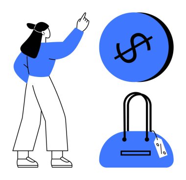 Kadın karakter yukarı doğru işaretler, işaretsiz işaretler, fiyat etiketli el çantası. Çevrimiçi alışveriş, finansal okur yazarlık, e-ticaret, bütçe, satış indirimleri alışveriş trendleri için idealdir. Satır metaforu