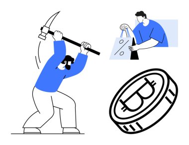 Bitcoin 'i elle çıkartan başka biri daha alışveriş torbaları tutuyor. Bitcoin illüstrasyonu. Kripto para birimi, dijital finans, e-ticaret, engelleme zinciri, yatırım, çevrimiçi ödemeler için ideal