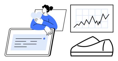 İş kadını elinde kalp şeklinde bir nesne tutuyor, verileri büyük bir dijital ekranda analiz ediyor. Yukarı doğru eğilim ve ayakkabı ikonu içeren grafikler içerir. İş için ideal, analiz, piyasa araştırması, teknoloji