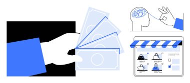 El ele tutuşan banknotlar, kavramsal devreli beyin ve el arabasında eşyalar olan online alışveriş platformu. E-ticaret, finansal başarı, tüketici psikolojisi, çevrimiçi ticaret, dijital ekonomi için ideal