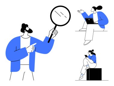 Üç karakter, biri büyüteç tutuyor, biri dizüstü bilgisayarda çalışıyor, diğeri de mobil cihazda. Araştırma, teknoloji, eğitim, iletişim, organizasyon, üretkenlik için ideal