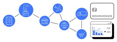Üretim, depolama ve bir kredi kartı ve analitiğe bağlı ulaşım da dahil olmak üzere tedarik zinciri elemanları ağı. Lojistik, finans, işletmeler, planlama, veri analizi için ideal