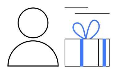 Mavi kurdeleli bir hediye kutusunun yanındaki kişinin taslağı. Kutlama için ideal, hediye, online alışveriş, tatiller, müşteri sadakati, özel durumlar, takdir. Satır metaforu