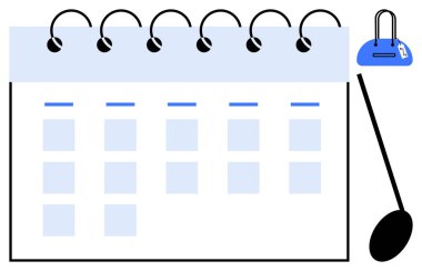 Mavi aksanlı spiral takvim, sağ tarafında kalem, etiketli mavi yer imi. Program, planlama, organizasyon, verimlilik, görev yönetimi zaman yönetimi randevuları için idealdir. Çizgi