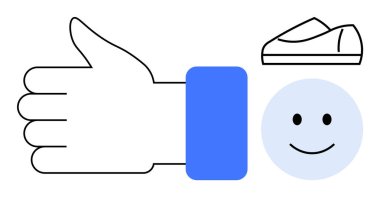 Mutlu yüz ve ayakkabının yanında el sallama. Geri bildirim, onay, olumlu değerlendirme, spor, müşteri memnuniyeti, boş zaman aktiviteleri ve motivasyon temaları için ideal. Satır metaforu