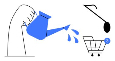 Mavi sulama kutusundan alışveriş arabasına el ile su döker. Büyüme, yetiştirme, yatırım, e-ticaret, bahçıvanlık, iş geliştirme, dijital pazarlama için ideal. Satır metaforu