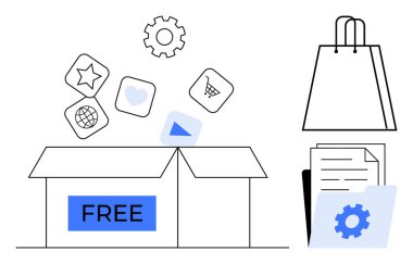 Yanında bir alışveriş çantası ve belge klasörü bulunan ücretsiz bir kutudan çıkan dijital araç ve simgeler. E-ticaret, üretkenlik, yazılım, dijital pazarlama, alışveriş, çevrimiçi hizmetler için ideal