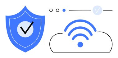 Shield with checkmark and wireless signal over cloud. Ideal for cybersecurity, cloud services, data protection, secure connection, online privacy, safe internet, network security. Line metaphor clipart