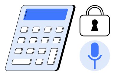 Mavi ekran ve anahtarlı hesap makinesi, anahtar deliği ve mavi mikrofonlu kilit. Güvenlik, teknoloji, gizlilik, finans, iletişim eğitimi yazılımı için idealdir. Satır metaforu