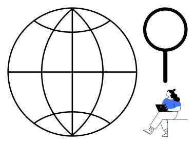 Büyüteçin yanında büyük bir ağ küresi ve dizüstü bilgisayar kullanan bir kadın. Küresel bağlantı, çevrimiçi araştırma, teknoloji, eğitim, İnternet taraması, arama optimizasyonu ve dijital için ideal