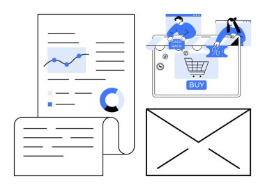 Grafik ve çizelge içeren belgeler, nakit para teklif edilen alışveriş arabası ve e-postalar için bir zarf. İş analizleri, e-ticaret, pazarlama, müşteri iletişimi, çevrimiçi alışveriş için ideal