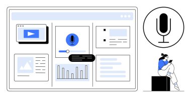 Video, metin, ses ögeleri ve grafiklerle çoklu ortam paneli, kullanıcı tablet, mikrofon simgesi ile etkileşimde. Ses tanıma, dijital ortam, gösterge paneli tasarımı, UXUI arayüzleri için ideal