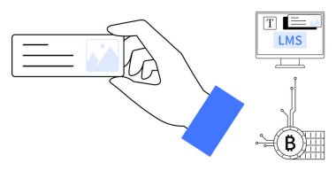 Kart tutan bir el. LMS metni olan bir bilgisayar ekranı, ve devrelerle bağlantılı bir Bitcoin sembolü e-öğrenme, engelleme zinciri, dijital finans, çevrimiçi eğitim ve fintech için idealdir. Basit satır