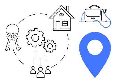 Ev, anahtarlar, vites, çanta ve lokasyon şifresi. Gayrimenkul, emlak yönetimi, iş stratejisi, lojistik, pazarlama, takım işbirliği, seyahat planlaması için ideal. Satır metaforu