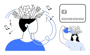 Başlarından çiçek çıkan insan figürleri, biri müzik dinleyen, diğeri bitkileri sulayan. Yaratıcılık, zihinsel sağlık, kendine bakım, sanatsal ifade, meditasyon, kişisel büyüme için ideal