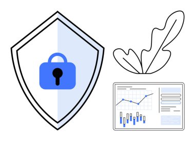 Kilit sembollü bir güvenlik kalkanı, çubuklu ve çizgi çizelgeli analitik grafikler ve bir yaprak çizgisi. Veri güvenliği, çevresel sürdürülebilirlik, teknoloji güvenliği, analitik, çevre dostu