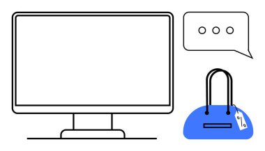 Bilgisayar monitörü, üç noktalı sohbet balonu ve fiyat etiketli mavi çanta. E-ticaret, perakende, müşteri desteği, moda, çevrimiçi alışveriş pazarlama ve mağaza yönetimi temaları için ideal. Çizgi