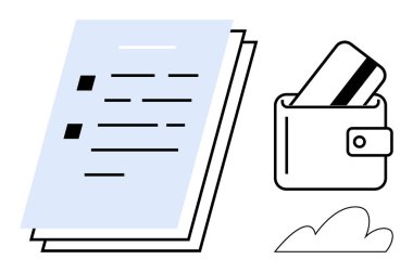 Belgeler, içinde kredi kartı ve küçük bir bulut olan bir cüzdanın yanına istiflenir. Finansal planlama, organizasyon, bütçe, bankacılık, kişisel finans, ofis yönetimi, dijital depolama için ideal. Çizgi