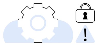 Gear symbolizes settings and engineering, lock represents security, exclamation mark denotes caution. Ideal for technology, cybersecurity, cloud services, IT support, data protection, risk clipart