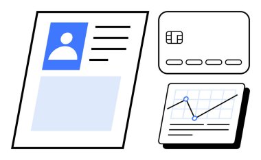 Fotoğraflı ve yazılı kimlik kartı, çipli kredi kartı ve finansal analizi vurgulayan veri noktaları olan grafik. Finans, kimlik, analitik, bankacılık, güvenlik, veri yönetimi için ideal