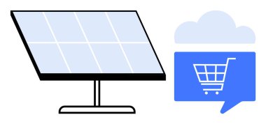 Güneş paneline bir alışveriş arabası sembolü içeren bulut şeklinde bir konuşma balonu eşlik ediyor. Sürdürülebilirlik, yenilenebilir enerji, e-ticaret, çevre dostu ürünler, bulut hizmetleri, çevrimiçi