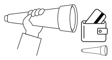 Teleskop, kredi kartlı cüzdan ve cep teleskobu. Finans, iş stratejisi, gelecek planlama, keşif, yatırım tasarrufu e-ticaret temaları için idealdir. Satır metaforu