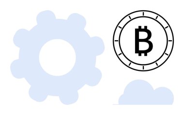 Büyük bir dişli ve bulut şeklindeki madeni paranın üzerindeki bitcoin sembolü. Engelleme teknolojisi, dijital para birimi, finans, fintech, teknik altyapı, çevrimiçi işlemler ve ağ için ideal