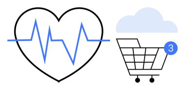 Kalp atışları kalp atışları, bulutlu ve uyarı rozetli bir alışveriş arabasının yanında. Sağlık izleme, çevrimiçi alışveriş, ecommerce, bildirim, tıbbi uygulamalar, perakende satış için ideal