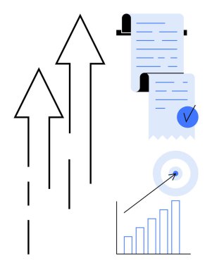 Yukarı bakan üç ok, mavi işaretli bir kontrol listesi, yükselen bir çizelge ve ortasında ok olan bir hedef. İlerleme, büyüme, hedefler, strateji, planlama için ideal. Basit modern.