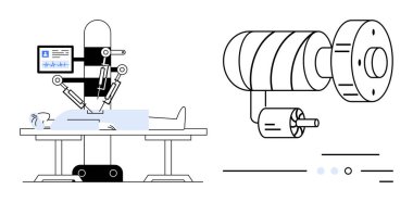 Ekran ve tıbbi aletlerle hastayı ameliyat eden robot cerrahi kol. Sağlık, teknoloji, robot bilimi, ameliyat, yenilik, tıbbi araştırma ve geleceğin tıbbı için idealdir. Çizgi