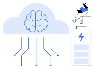 Bulut şekilli beyin dijital olarak bağlanıyor, pil simgesi yıldırım ve dizüstü bilgisayar kullanan insan. Teknoloji, yapay zeka, bulut hesaplama, dijital dönüşüm, uzaktan çalışma, yenilik, enerji için ideal